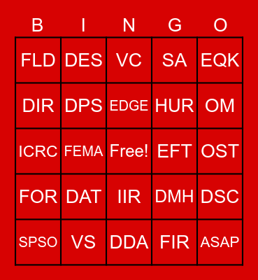 Red Cross Lingo Bingo Card