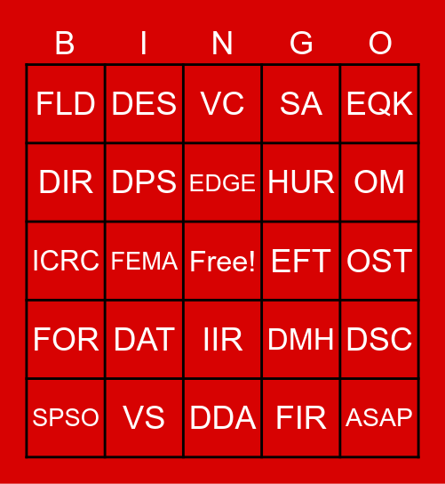 Red Cross Lingo Bingo Card