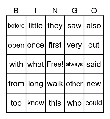 Sight Word Bingo Card