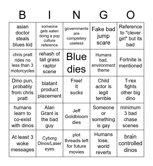 Jurrasic World Dominion Predictions Bingo Card