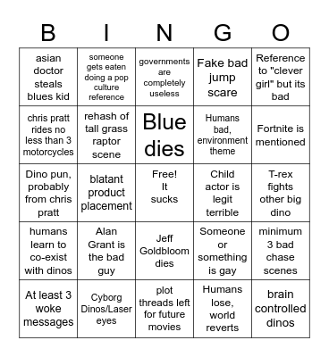 Jurrasic World Dominion Predictions Bingo Card