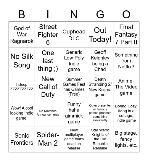 Summer Games Fest Bingo Card