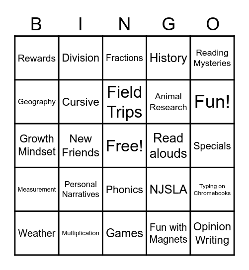 What to Expect in Third Grade Bingo Card