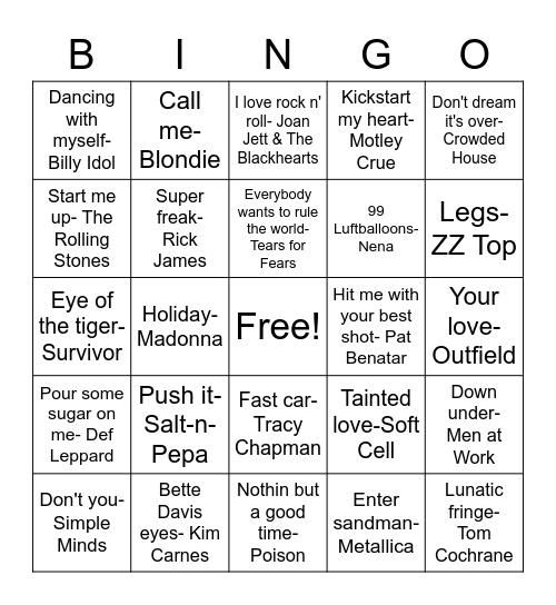 80s Music Bingo Card