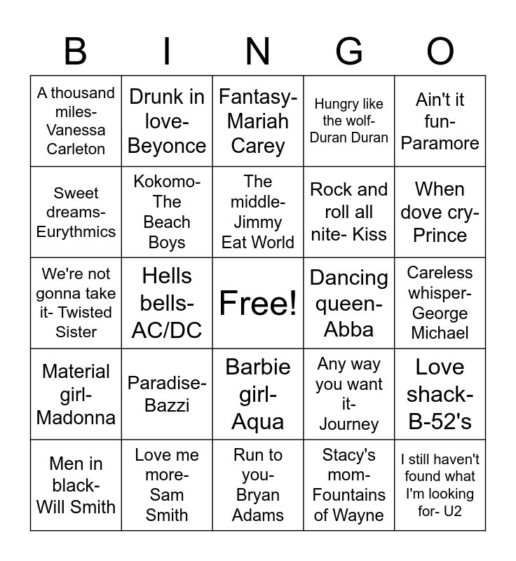 Music Bingo 4 Bingo Card