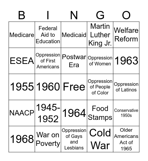 The New Frontier and the Great Society Bingo Card