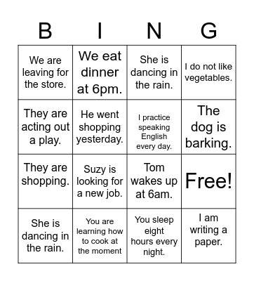 Present simple vs. continuous Bingo Card