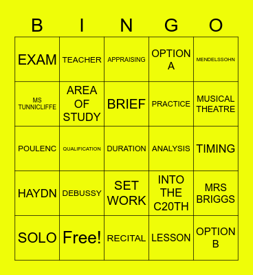 A Level Music Taster Bingo Card