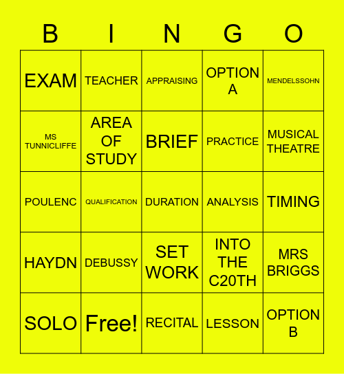 A Level Music Taster Bingo Card