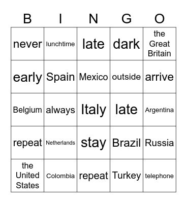 Nationalities Bingo Card