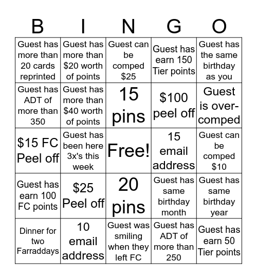 Fan Club Bingo Card