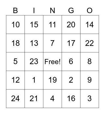 Fun With Numbers Bingo Card