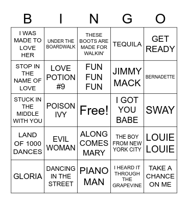 Oldies Hits Legends Bingo Card