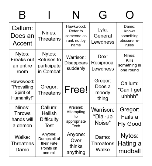 Hawkwood Dynasty Bingo Card