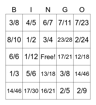 Fraction Bingo Card