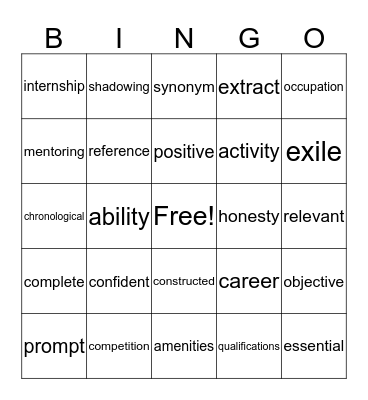 Vocabulary  Bingo Card