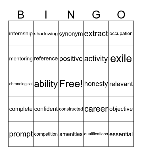 Vocabulary  Bingo Card