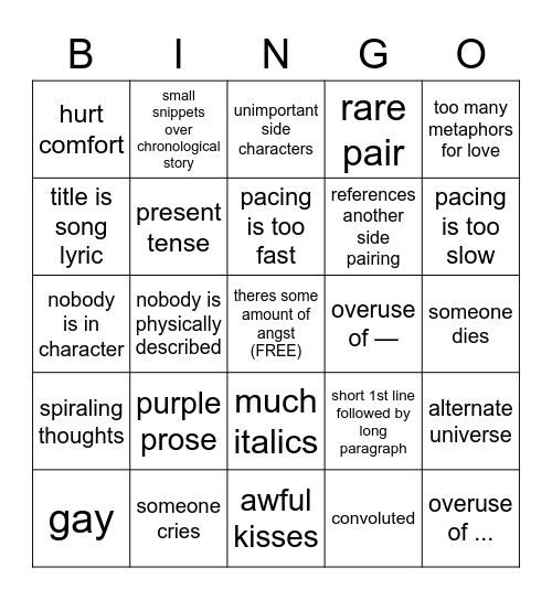 vi writes silly things Bingo Card