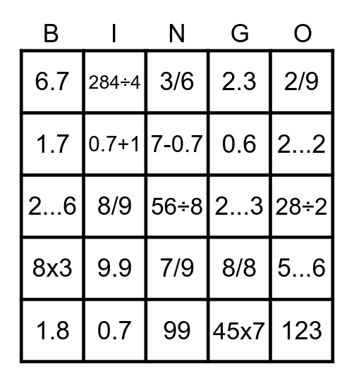 數學小測驗 Bingo Card