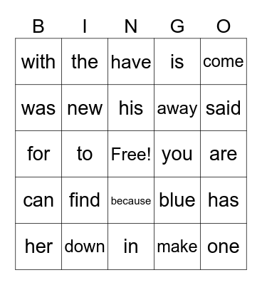 Sight Words Bingo Card
