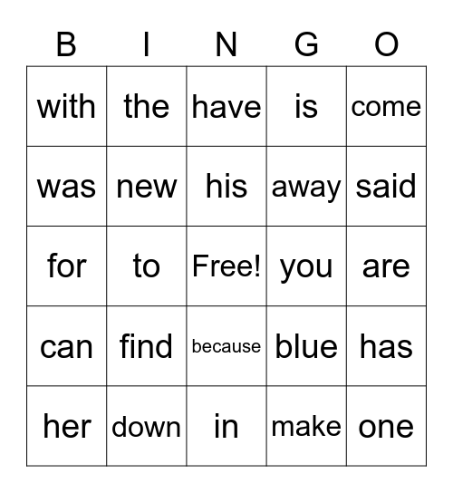 Sight Words Bingo Card