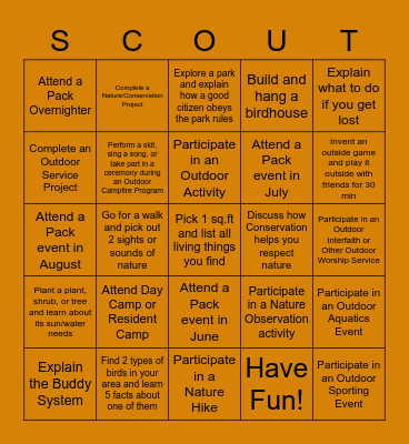 Tiger Cub Summer Bingo Card