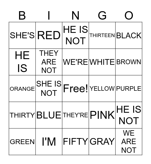 Contraction and Color  Bingo Card
