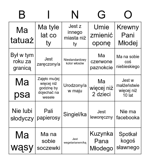 Jak zrobisz sobie z każdym zdjęcie dostajesz od Państwa Młodych flaszeczkę Bingo Card