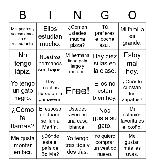 Spanish I Semester Review Bingo Card
