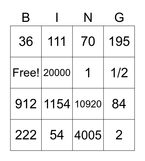 Math -Summer Session Bingo Card