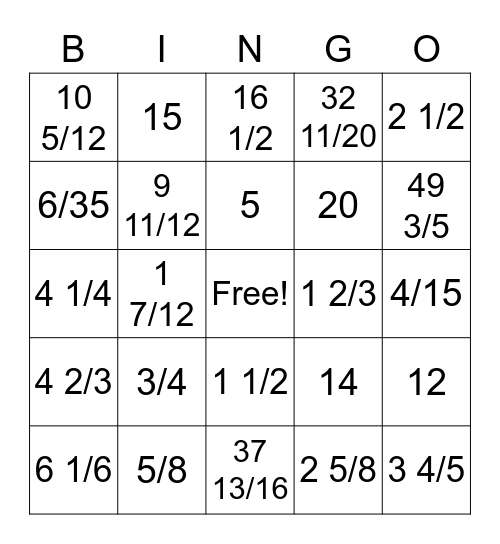 Fractions Review Bingo Card