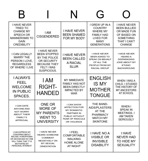 Privilege Bingo Card