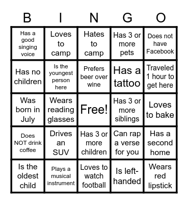 Find the Guest BINGO Card