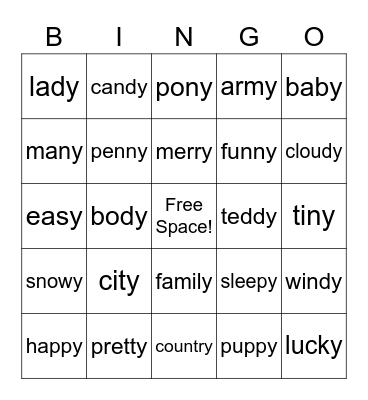 Y (For Mr. E) Bingo Card