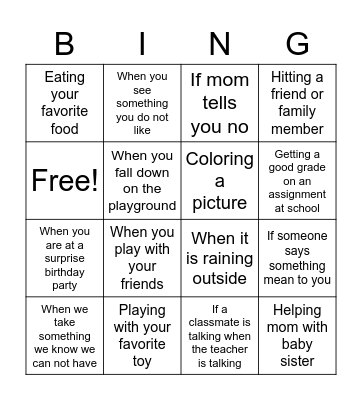 Emotions scenarios Bingo Card