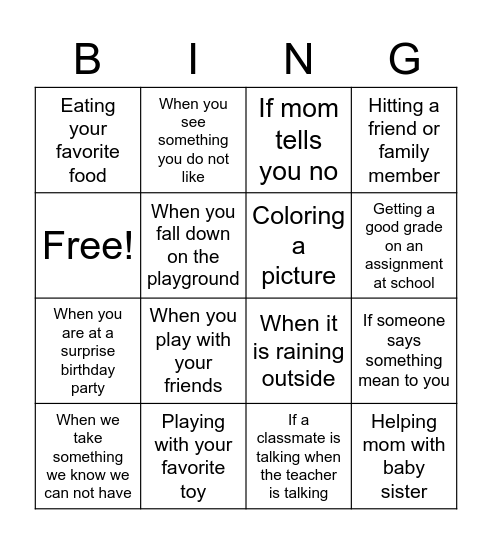 Emotions scenarios Bingo Card