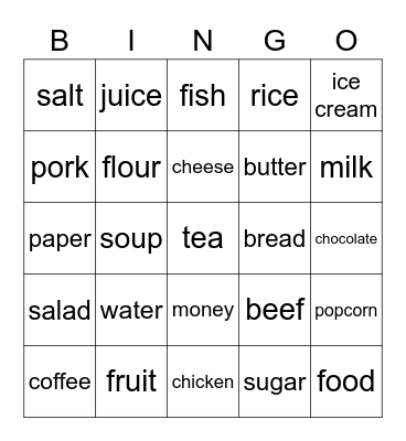 Uncountable nouns Bingo Card