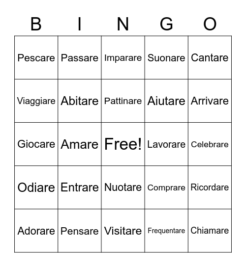 ARE Verbs Bingo Card