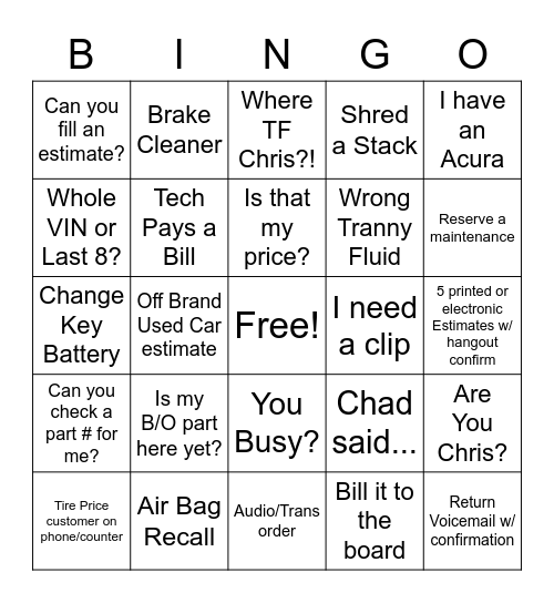 In - Audio/Trans Order / Out - Peter from Classic Bingo Card