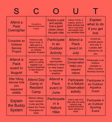 Wolf Cub Summer Bingo Card