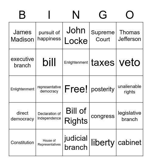 U.S. Government Vocab Bingo Card