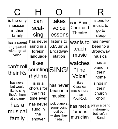Know your Choir family?! Find someone who... Bingo Card