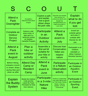 Webelos/AOL Cub Summer Bingo Card