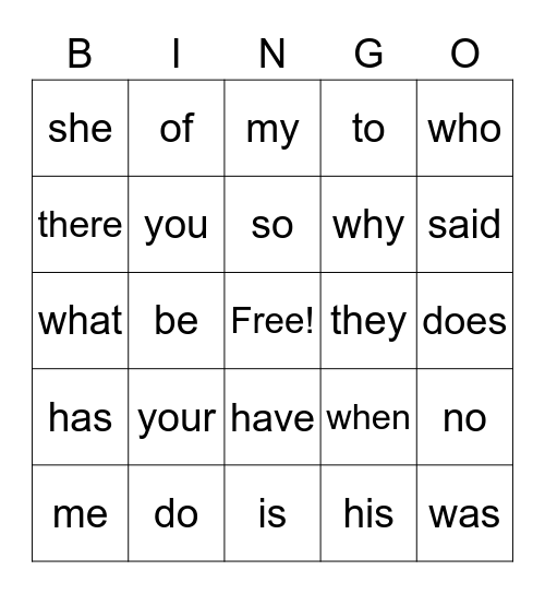 BOT Lesson 2 Words Bingo Card