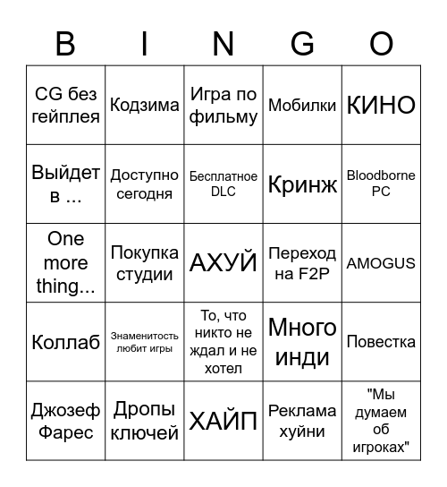 Summer Game Fest 2022 Bingo Card