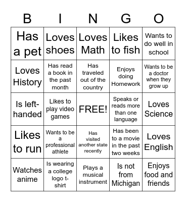Get To Know You Bingo Card