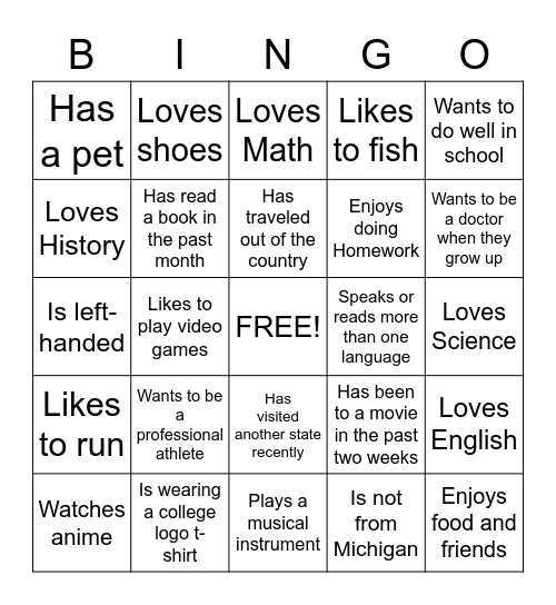 Get To Know You Bingo Card