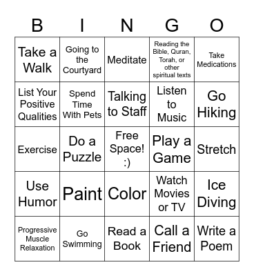 Positive Coping Skills Bingo Card