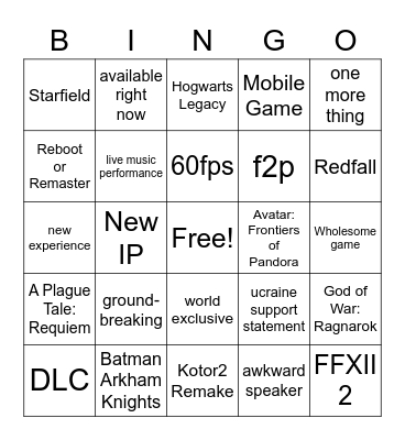 E3/Summer Games Fest Bingo Card