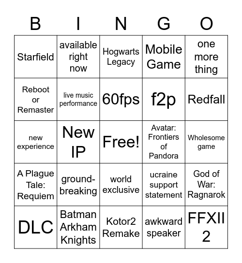 E3/Summer Games Fest Bingo Card